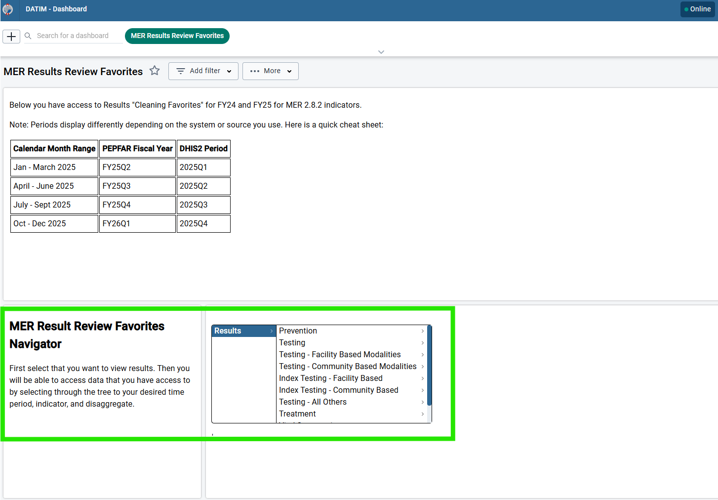 This is a screenshot of the MER Results Review Favorites page on DATIM.  The user has the option to select and view the MER data they have access to - from a menu of available options.