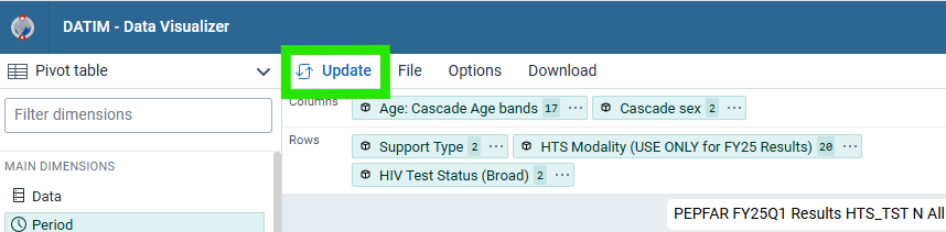 This screenshot displays how a user can save a certain view by selecting the "Update" button.