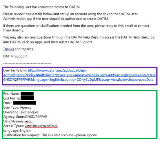 This is a screenshot of the email that the Primary User Administrator will receive as part of the account approval process.