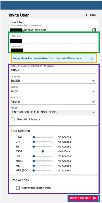 This is a view of the user invite form that the primary user account administrator will view.  The administrator will review the information for correctness before clicking "Create Account."