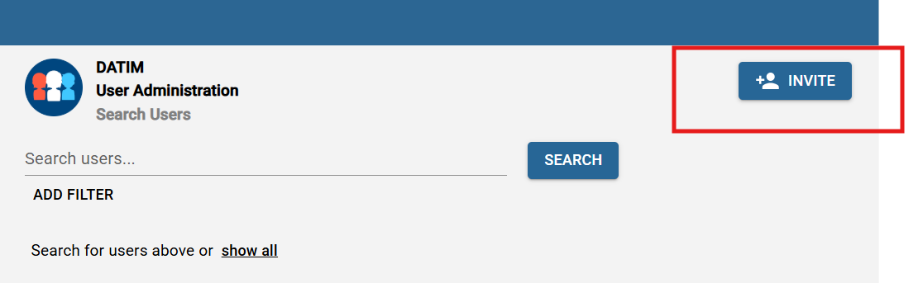 This is a screenshot of the user administrator portal with the option to invite a new user.  The "invite" button is highlighted in a red box.