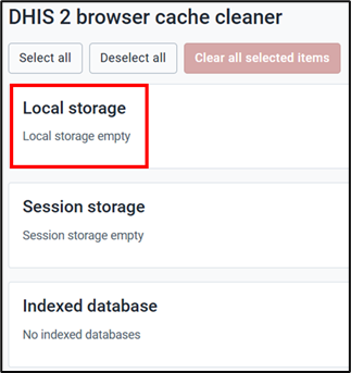 This is a screenshot of the clear browser cache cleaner with the local storage category now empty