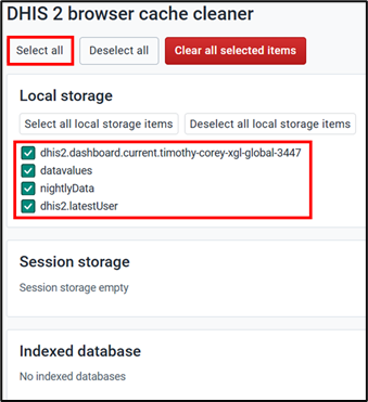 This is a screenshot of the browser cache cleaner.  Four Local Storage items are selected for deletion when the "Select all" button is clicked.
